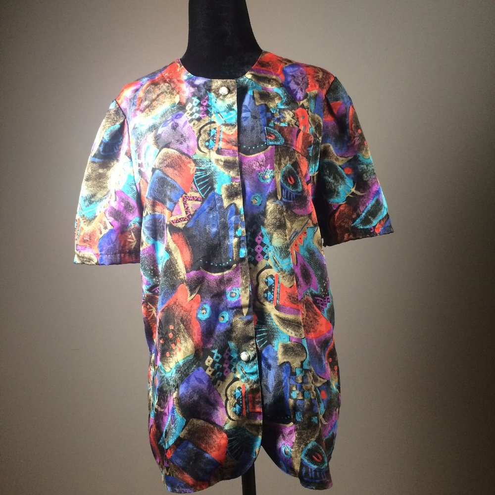 Shiny button up small vintage multicolour blouse